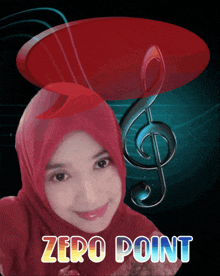 a woman in a red hijab with the words zero point written on the bottom