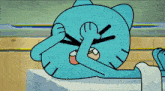 gumball from the amazing world of gumball is laying on a table with his mouth open .