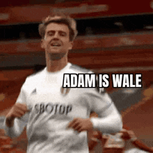 a soccer player is running on a field with the words adam is wale written on it .