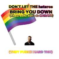 a poster with a rainbow flag and the words do n't let the heteros bring you down they punch hard tho