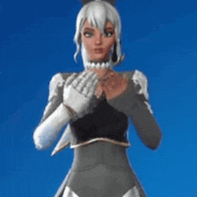 a woman is covering her mouth with her hands in front of a blue background in a video game .