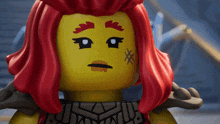 a lego figure with red hair and a x on her face