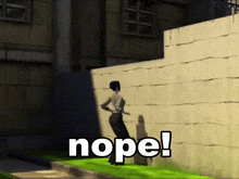 a cartoon of a woman jumping over a wall with the words nope written on the bottom