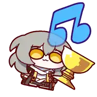 a cartoon drawing of a girl holding a trophy and a music note above her