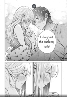 a black and white drawing of a man and a woman with the words i clogged the fucking toilet