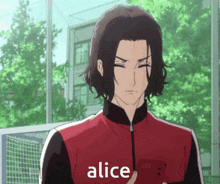 a man in a red and black jacket with the word alice on his chest