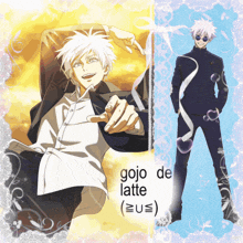 a picture of a man with white hair and the words gojo de latte