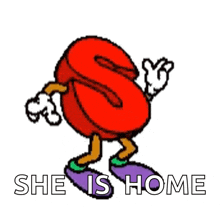 a cartoon drawing of a red ball with arms and legs and the words she is home below it