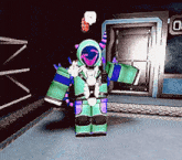 a video game character is standing in a room with a door
