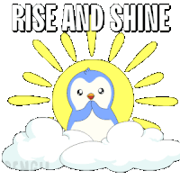 a penguin is sitting on a cloud in front of the sun with the words rise and shine above it