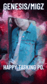 a man in a blue denim jacket is holding an ace of hearts playing card