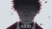 a close up of a person 's face with red eyes and the words `` gojo '' written on the bottom .