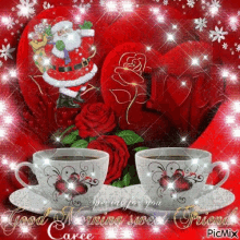 a christmas card with two cups of coffee and roses