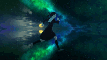 a girl in a black dress is running in the space