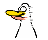 a cartoon duck with a yellow beak and a pink tongue is standing on two crutches .