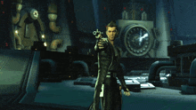 a man in a futuristic suit is standing in front of a vault