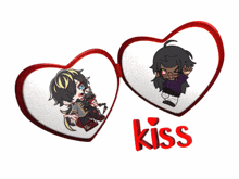 a couple of hearts with the word kiss in red