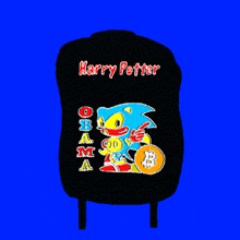 a black backpack with harry potter obama and sonic on the back
