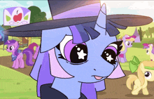 a purple pony wearing a top hat stands in front of a sign that says apple