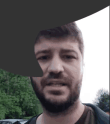 a man with a beard is looking at the camera with a gray background .