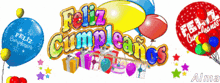 a banner that says feliz cumpleanos is surrounded by balloons