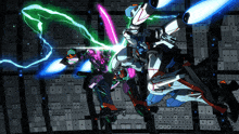 two robots are fighting each other with glowing lights coming out of their mouths