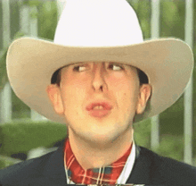 a man wearing a white cowboy hat and plaid shirt
