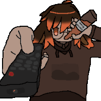 a pixel art of a person holding a remote control and a bottle of carrot juice