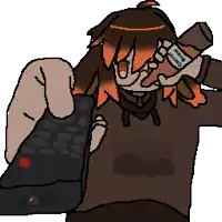a pixel art of a person holding a remote control and a bottle of carrot juice