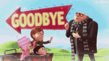 a group of cartoon characters are standing next to a sign that says goodbye .