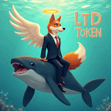 a cartoon of a fox in a suit riding a shark with the words ltd token written below it