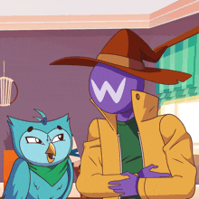 a cartoon character with a w on their head