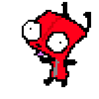 a pixel art drawing of a red monster with a hood on .