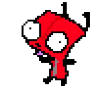 a pixel art drawing of a red monster with a hood on .