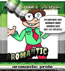 an aro zone poster with a cartoon character and a flag