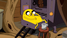 a cartoon character is sitting on a stool next to a cup
