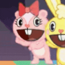 a pink squirrel with a red bow is standing next to a yellow bunny rabbit .