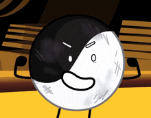 a black and white clock with a face and arms is standing on a yellow table