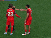 a soccer player in a red shirt is waving his hand in the air