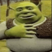shrek from shrek is sitting on a rock with his hands on his chest and smiling .