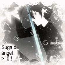 a black and white image of a boy with a sword and the words suga de angel