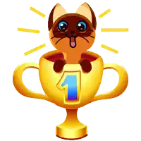 a cat is sitting in a gold trophy with the number one on it