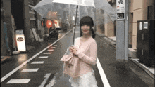 a woman holding an umbrella in front of a sign that says ' n ' on it