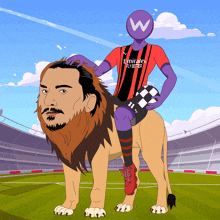 a cartoon of a man riding on the back of a lion with emirates fly better on his jersey