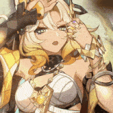 a close up of a woman 's face with a medallion on her chest that says ' uc ' on it