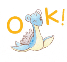 a cartoon drawing of a blue and yellow pokemon with the word ok below it