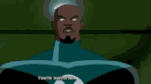 a man in a superhero costume is talking to someone and says you 're welcome .