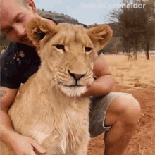 a man is holding a lion cub in his lap and the caption says dean schneider