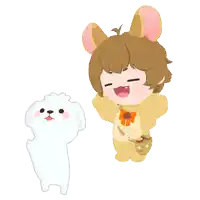 a cartoon drawing of a girl in a bunny costume standing next to a white dog