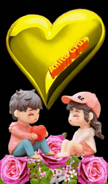 a boy and a girl are sitting in front of a yellow heart that says mike